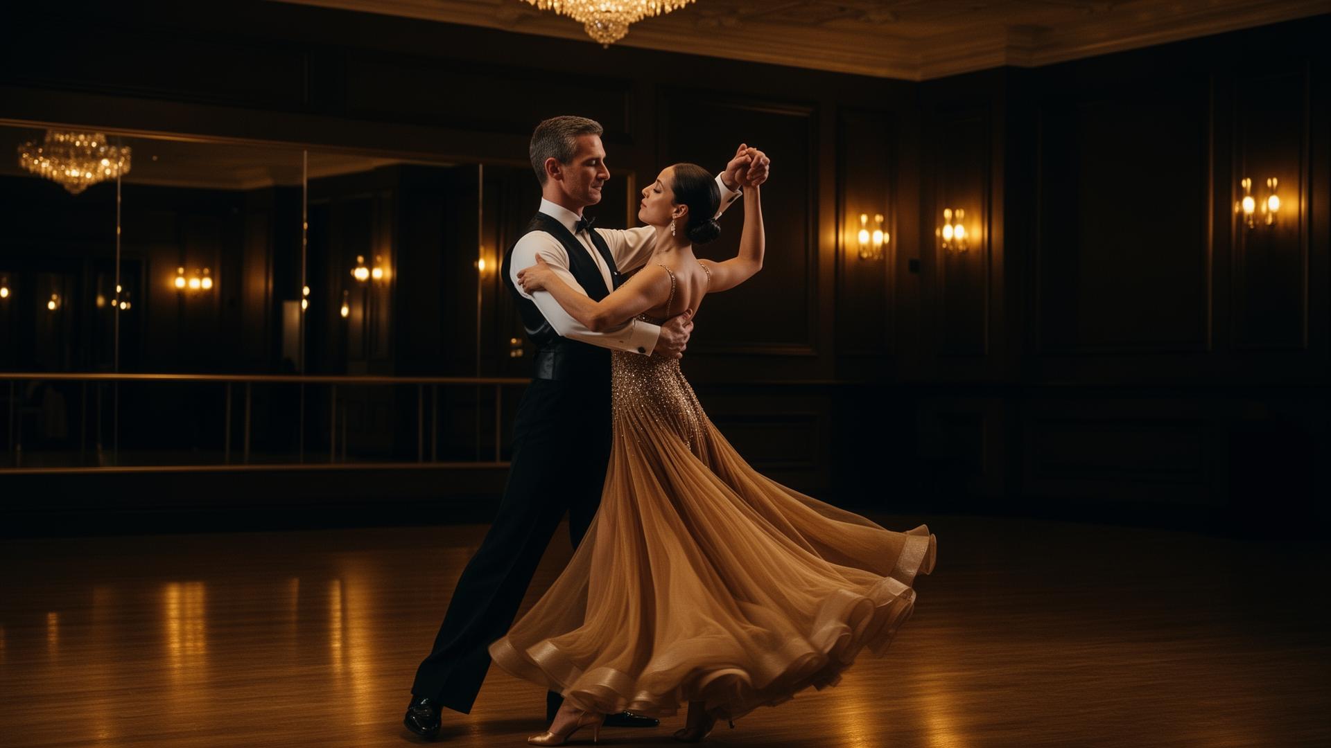 Couple practicing a waltz in an elegant ballroom studio with warm golden lighting