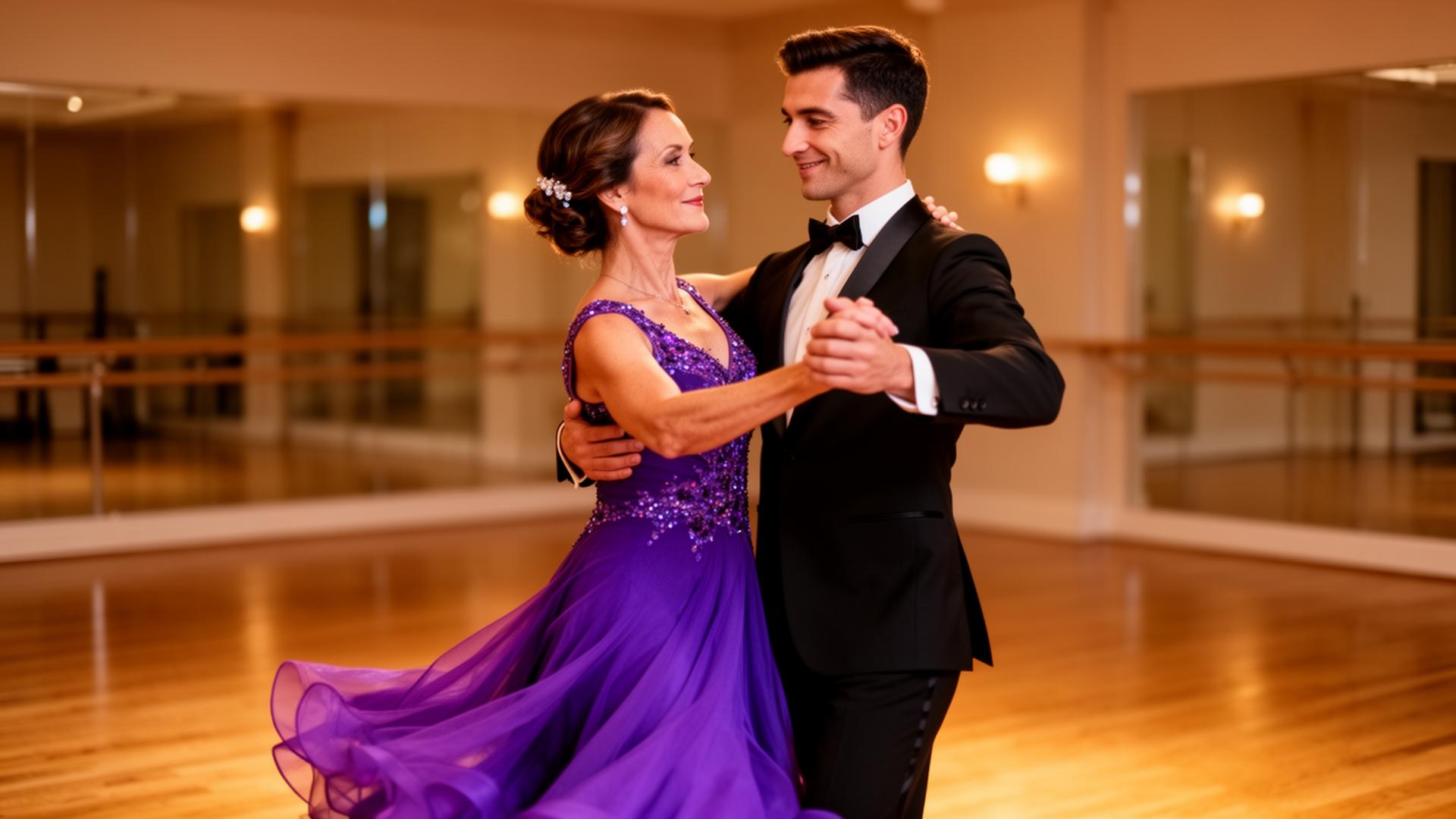 Adult couple enjoying a private ballroom dance lesson in San Diego