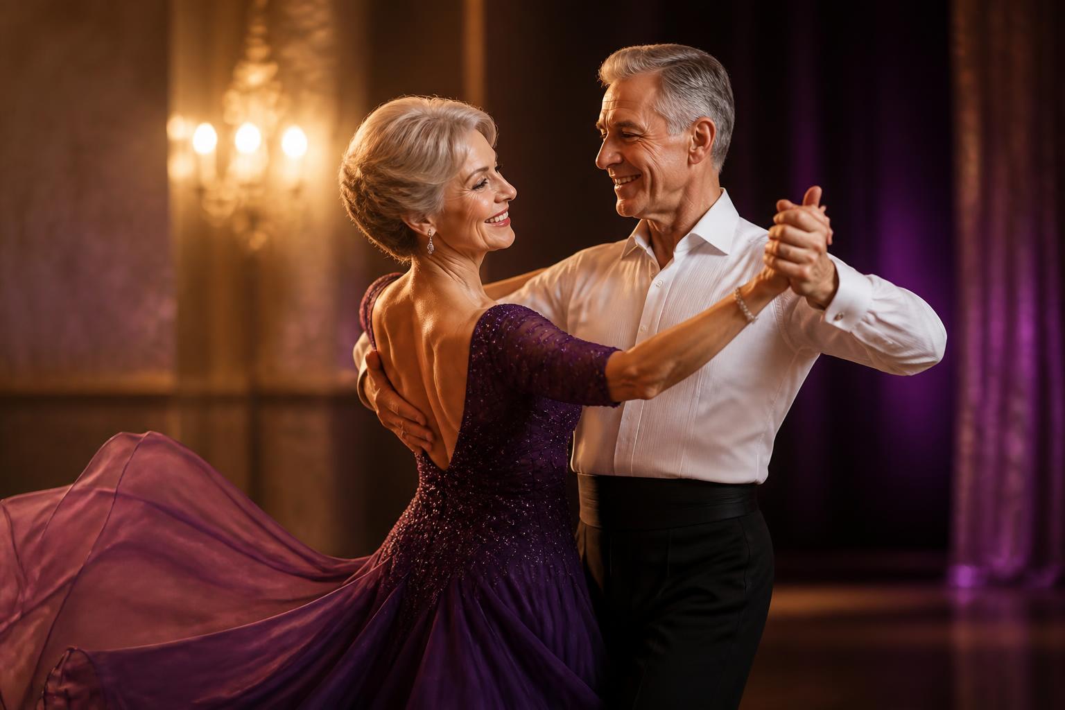Elegant senior couple ballroom dancing during a private lesson in San Diego