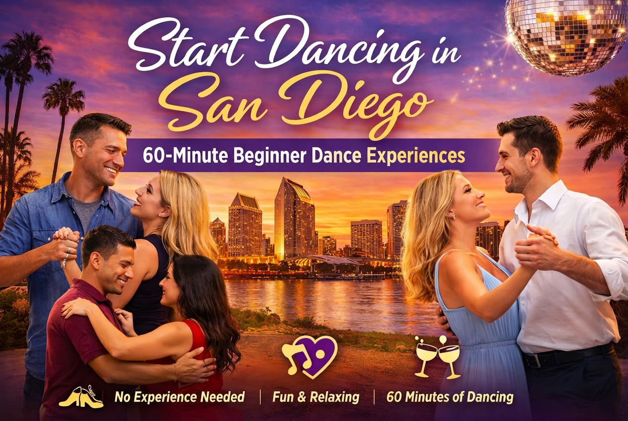 Couples dancing at sunset in San Diego with downtown skyline, palm trees, and disco ball - promoting 60-minute beginner dance experiences with no experience needed